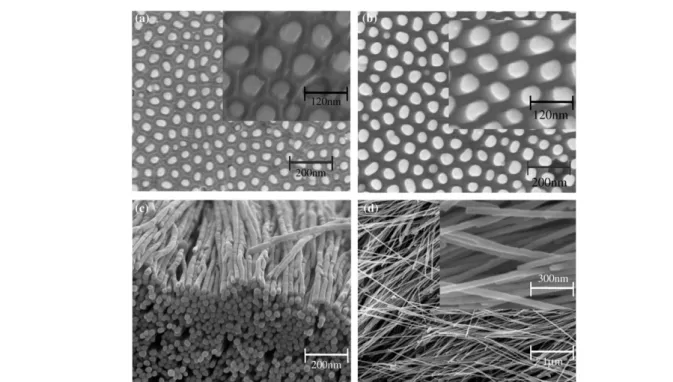 Figure 7. SEM micrographs of the bottom surface of an AAO60 sample after the barrier layer was removed by 0.2 wt% NaOH at 23 ◦ C for (a) 120 min, (b) 150 min, (c) 180 min and (d) 210 min.