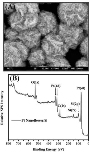 Fig. 1 (A) Scanning electron micrographs of the 3-D Pt nanoﬂower/ Si surface and (B) XPS survey spectrum of the 3-D Pt nanoﬂowers on the silicon substrate.