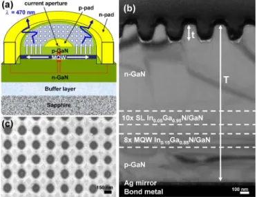 Fig. 1. Near-field and far-field sample structures. (a) Schematic diagram of the GaN-based blue LED structure with annular PhC region