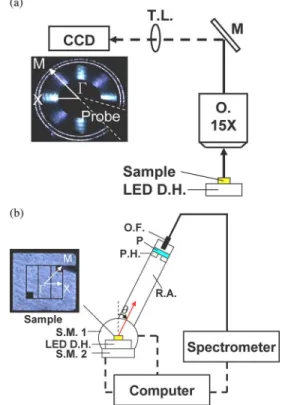 Fig. 2. (a) EL probe station and CCD imaging system setup, where D.H.: driver holder; M.: mirror; T.L.: tube lens; O.: objective