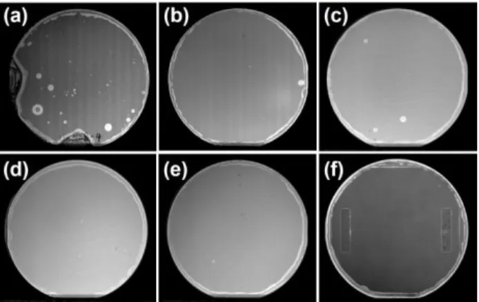Fig.  2  SAT  images  of  wafer-level  bonding  with  different  conditions  as:  (a)  180°C;  (b)  190°C;  (c)  200°C;  (d)  210°C;  (e)  220°C; and device wafer with (f) 210°C, 1 MPa