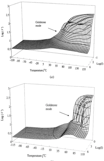 Figure 6. Dielectric constant e∞ versus temperature and frequency for (a) PS312Fs100 and (b) PS312Bs100.