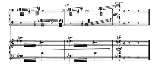 圖 12.  《豎琴協奏曲，作品第 25 號》第三樂章，234-236 小節  （一）應用不規則節奏的分解和弦音型表現炫技效果      希那斯特拉在本樂曲中運用豎琴一般常見的演奏技巧 如分解和弦、琶音、「和弦滑奏」 6 及泛音 7 等搭配豐富的節 奏變化，特別是不規則節奏分解和弦音型的應用。例如，希 那斯特拉便在本樂曲中大量使用不規則節奏的分解和弦，其 音樂性創作的詮釋重點在於提供獨奏者燦爛炫技的效果。在 第一樂章中，裝飾奏便是一由一系列的不規則節奏之分解和 弦音型璀璨地開始，特別搭配細緻的的表情術語第二