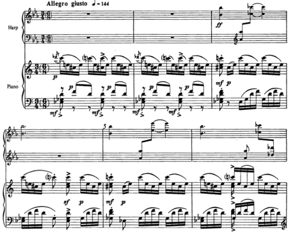 圖 1.  《豎琴協奏曲，作品第 25 號》第一樂章，1-6 小節  圖 2.  《豎琴協奏曲，作品第 25 號》第一樂章，80-85 小節  2.  第二樂章分析      希那斯特拉《豎琴協奏曲，作品第 25 號》第二樂章曲 式為 ABA’  三段體（表 2）。本樂章的調性中心之基礎音為 C 音，樂曲速度依曲式架構，亦分為三個段落，分別為 A 是適度的中板之速度 I（molto moderato; tempo I），B 是速 度稍快之速度 II（pochiss