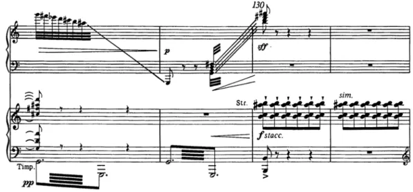 圖 3.  《豎琴協奏曲，作品第 25 號》第一樂章，128-131 小節  圖 4.  《豎琴協奏曲，作品第 25 號》第二樂章，1-4 小節      與第一樂章相比，慢速度的第二樂章之情境，除了喚起 人們對彭巴草原的聯想，同時也像似在訴說一些令人費解的 古老、神秘的傳說。在 B 段落中，豎琴以獨奏姿態以 E 音 為調性之基礎音彈奏第二動機式的旋律，樂團則以第一動機 旋律與之做對位方式的對話回應，速度則比第一段落稍快 （圖 5）。樂曲在第 51 小節加入鋼片琴晶瑩剔透的音色潤 飾，增添幾分夢幻氛圍，樂曲
