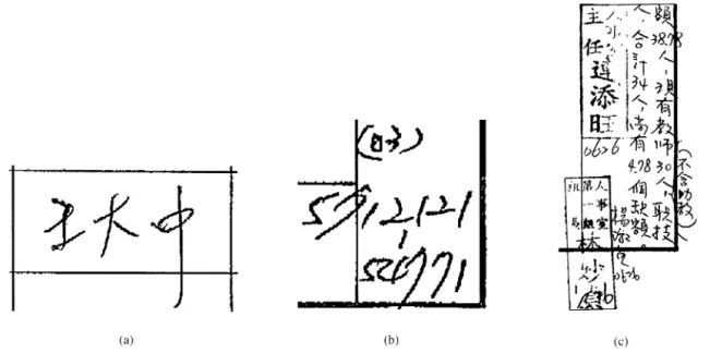 Fig. 1. Three di!erent cases of data written out of a "eld. (a) A stroke of a character extends outside the "eld