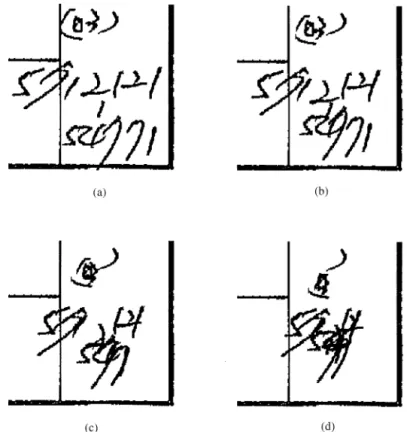 Fig. 9. (a) The gravitating progress of connected-components in sequence of (a)}(d). (a) The right bottom area of Fig