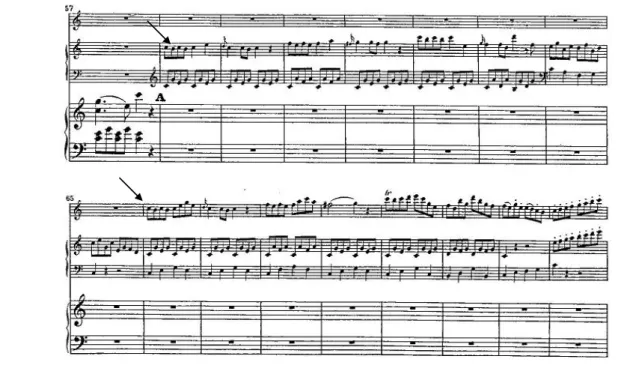 圖 8.  《長笛與豎琴協奏曲，K. 299》第三樂章，第 57-73 小節  圖 9.  《長笛與豎琴協奏曲，K. 299》第三樂章，第 112-116 小節  （二）獨奏者間裝飾性或節奏性音型對話      莫札特《長笛與豎琴協奏曲，K