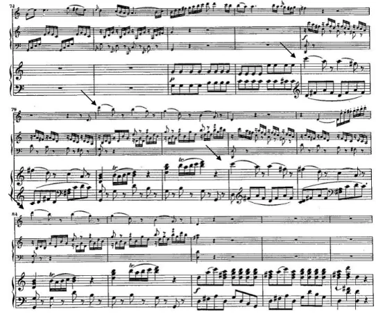圖 21.  《長笛與豎琴協奏曲，K. 299》第一樂章，第 74-88 小節  圖 22.  《長笛與豎琴協奏曲，K. 299》第三樂章，第 81-88 小節  2.  獨奏者之間裝飾性或節奏性音型對話時，因有小動機音 型模仿與炫技音型的對話，需注意將細微節奏的音符以 清晰、乾淨的音色彈奏。在第一樂章，譜例 11 中因速度 是快版，筆者建議以指尖處來彈奏豎琴十六分音符的音 型，以呈現清晰、乾淨的音色與節奏。而第二樂章中有 多處裝飾音型的炫技樂段，則同樣需注意裝飾音裡細緻 的音色掌握。  3