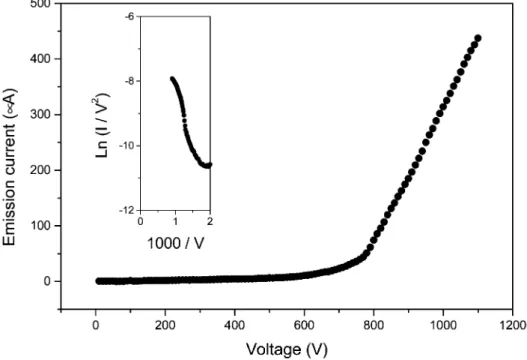 Fig. 6. Emission current against applied voltage, and F–N plot of CNTs grown at y300 Vbias for 30 min.