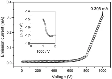Fig. 6. Emission current against applied voltage, and F–N plot for CNTs. expressed as FsbEsbVyd, where EsVyd is the 