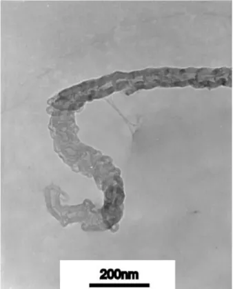Fig. 4. TEM image of sample 3 Si–C–N nanotubes with Fe catalyst. Fig. 5. TEM image of sample 4 Si–C–N nanotubes with Fe catalyst.