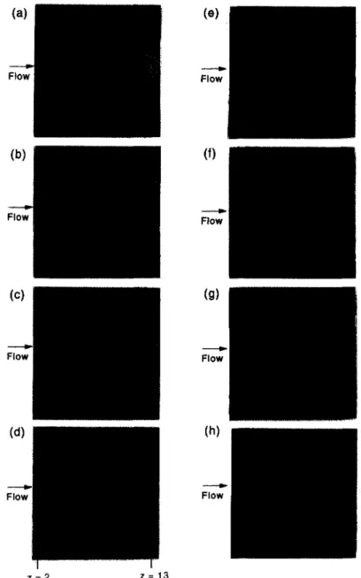 Fig. 4.  Flow pattern  transformation  from the unidirectional flow to the mixed longitudinal and  transverse  rolls by raising  Ra  from  1500 to 4200 in 90 s at  Re  =  10 and  t =  (a)  0 s (b)  35 s (c) 49 s (d)  56 s (e) 69 s (f) 