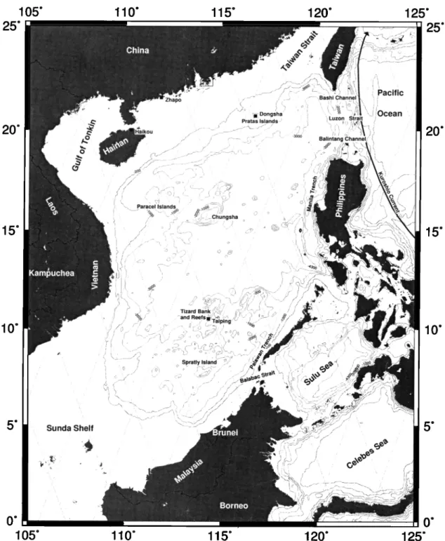 Figure  1. The South China Sea and its surrounding  countries  and waters. Also given are selected depth contours  (solid lines), the ground tracks of TOPEX/Poseidon  (dots), major bottom features,  and islands
