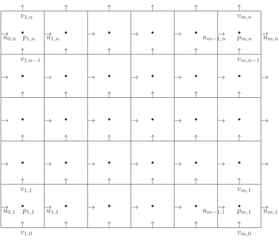 Fig. 3.1 . The computational domain Ω with staggered grid.