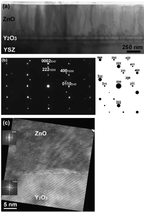 Fig. 6. (a) Cross-sectional bright-field TEM image of ZnO on Y2O3 /YSZ, and (b) the corresponding electron diffraction pattern of the ZnO and Y2O3 layers in [0 ¯1 1] zone axis with indexed Y2 O3 reflections