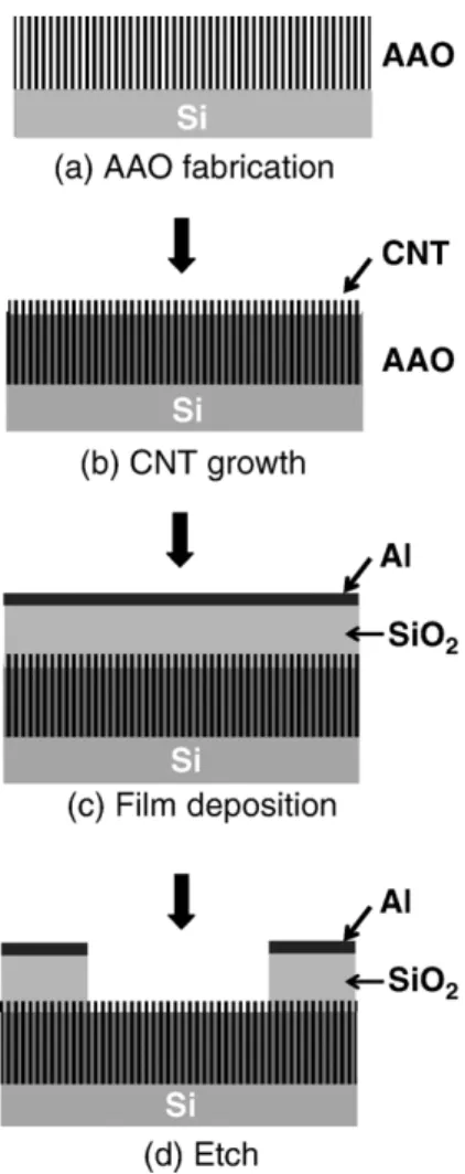 Fig. 1. The fabrication scheme of the AAO-CNT triode structure: (a) preparation of the AAO layer on the Si wafer, (b) CNT growth by ECR-CVD deposition, (c) dielectric and gate electrode depositions on the CNTs, and (d) RIE and BOE etches to open the field-