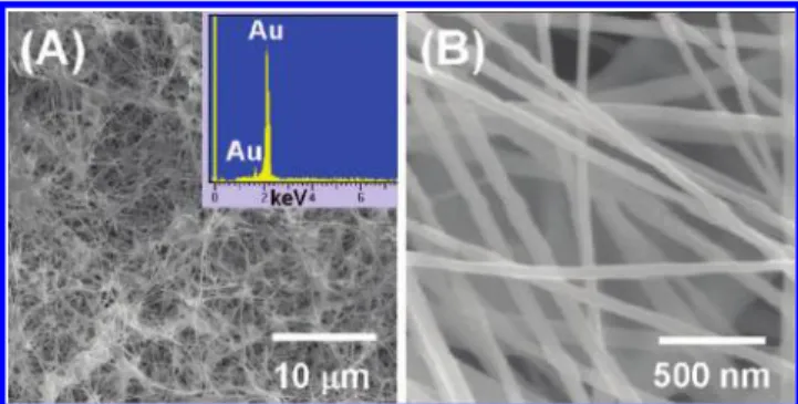 Figure 1 . SEM images of Au NWs grown on preroughened Si: (A) low magnification (inset: EDS) and (B) high magnification.