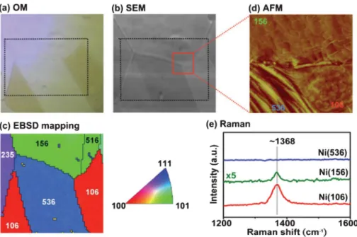 Fig. 3 (a) OM and (b) SEM images of the h-BN films that are grown on Ni foils. (c) EBSD image of the marked area with white dashed line