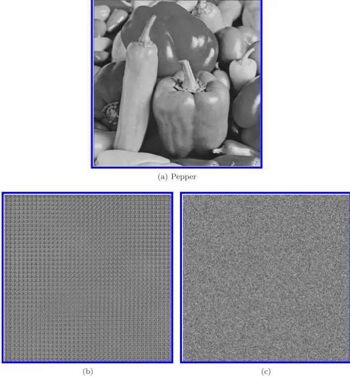 Fig. 3. The results of randomization of the image in (a). Here, the mono-alphabetic substitution cipher algorithm 11 (b) is used and (c) using our process described in Sec