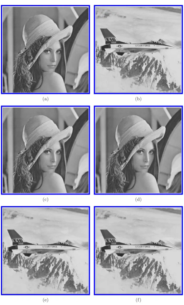 Fig. 5. The ﬁrst experiment. (a) The cover image “Lena” with 512 ×512 pixels; (b) the important image “Jet” with 512 × 512 pixels; (c) and (d) the stego-images obtained by embedding Fig