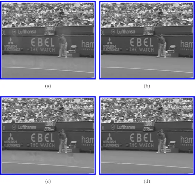 Fig. 11. The reconstructed backgrounds. (a) Averaging without segmentation masks. (b) Aver- Aver-aging with manually segmented masks