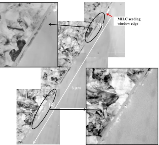 Fig. 5. An overview on the crystallization region of an MILC Si NW. The inset pictures are enlarged view of region 1 (close to the seeding window) and region 2 (about 5 m away from the seeding window) in the characterization region