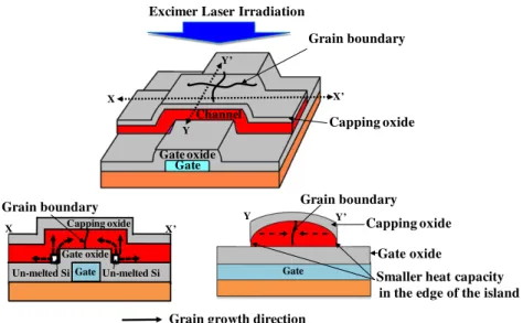 Fig. 6. Illustration of the mechanism of the excimer laser crystallization of the prepatterned channel on the BG structure.