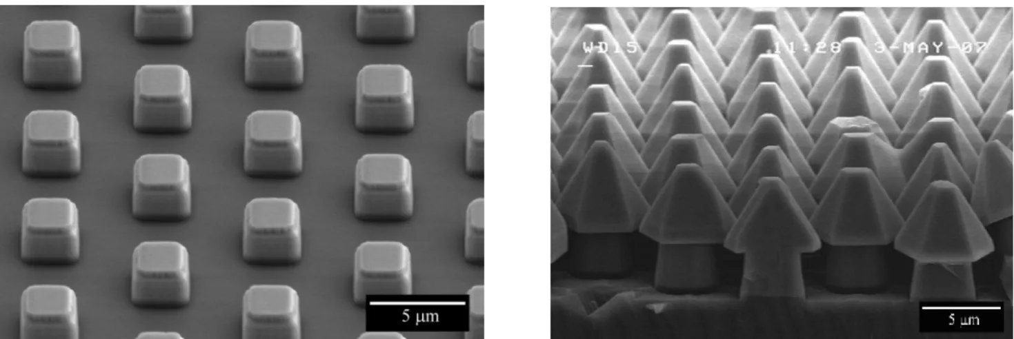Fig. 6 (a) The bird’s-eye view SEM image of the dot air-bridged structure. (b) The SEM image of 10 min initial growth state of the dot  air-bridged structure by HVPE