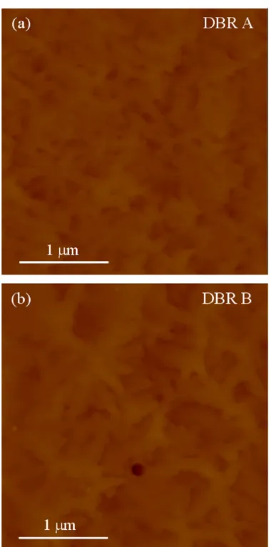 Fig. 4. AFM images (3 m m  3 m m) of (a) DBR A and (b) DBR B.