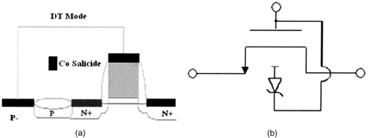 Fig. 1. (a) Connections of MOSFET under the DT mode, and the reverse substrate contact was Schottky substrate contacts (Co salicide- p substrate)
