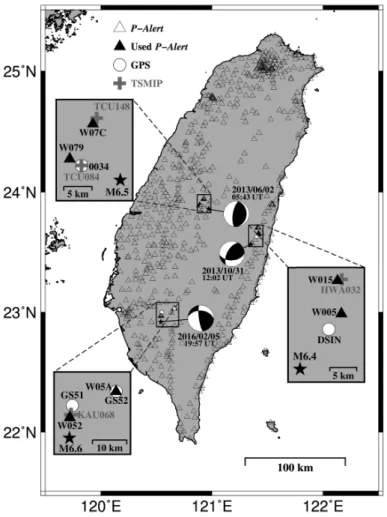 Figure 1. Distribution of P-Alert stations shown by open triangles. Black stars indicate the locations 