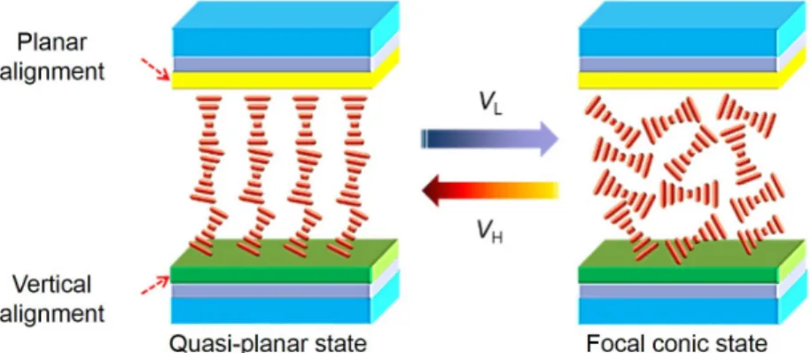 Fig. 1. Schematic of the bidirectional switching in a HA DFCLC cell. V L : low-frequency 