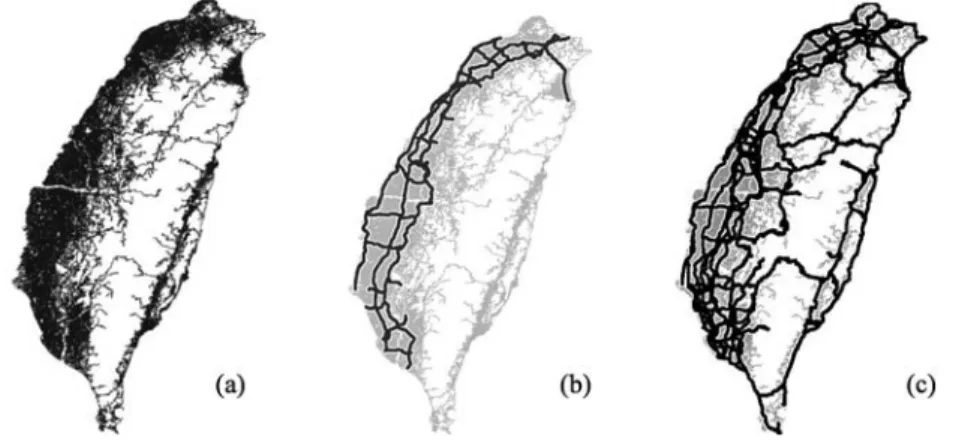 Fig. 4 (a) Taiwan area highway network, (b) freeway and expressway highlighted, and (c) freeway, ex-