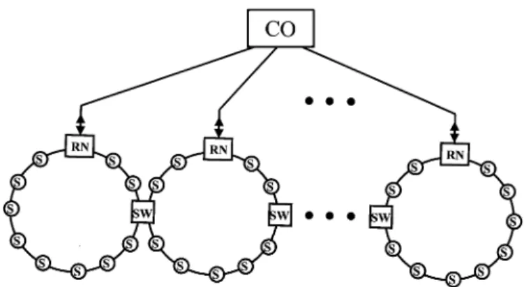 Fig. 1. Schematic diagram of a hybrid star-ring architecture for FBG sensor system (SW: 2 2 2 optical switch