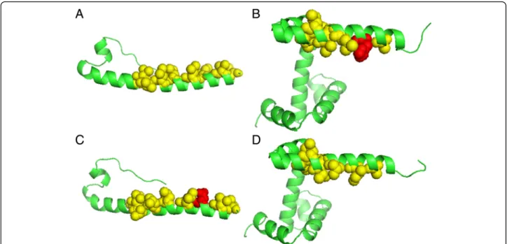 Fig. 3 The structures of proteins 1MOF (a), 2WRP (b), 1MOF_I54D (c), and 2WRP_H15I (d)