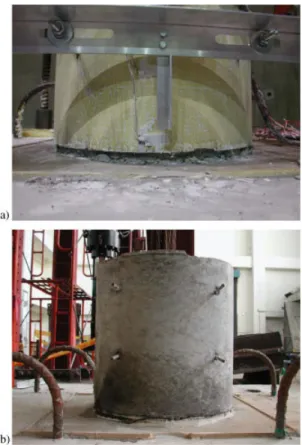 Figure 3. Concrete damage in the first segment (Specimen 1): (a) first test (6% drift) and (b) second test (after test).