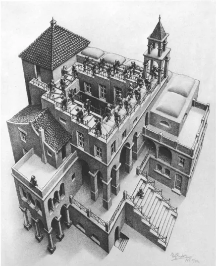 圖	
  23	
  M.C.	
  Escher	
  作品	
  ”Ascending	
  and	
  Descending”	
  圖片來源 http://www.meridian.net.au/Art/Artists/MCEscher/Gallery/Images/esch