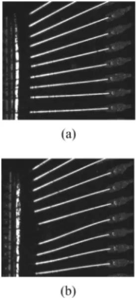 Fig. 14. Image of bonding wires captured using the structured LED lighting system. (a) All good wires, (b) some shifted wires.