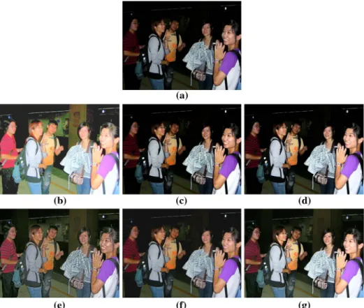 Fig. 8 Comparison of different enhancement approaches on a dark scene image using a photoflash