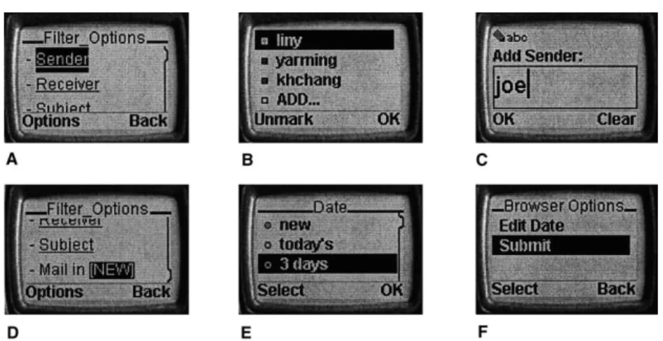 Fig. 7. Proﬁle conﬁguration in WML interface. (A) Filter option menu, (B) sender list, (C) add new sender name, (D) date option, (E) change date option, (F) update proﬁle option.
