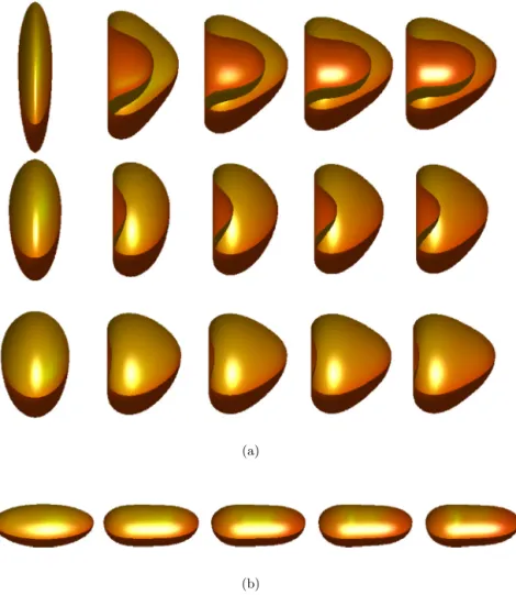Fig. 9. (a) Snapshots of the vesicles in Poiseuille ﬂow with different reduced volume: ν = 0 