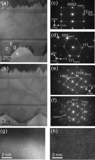FIG. 2. Bright-field TEM images of 共a兲 A-PSS and 共b兲 D-PSS. 共c兲, 共d兲, 共e兲, and 共f兲 are SAD patterns taken from 共a兲 A-PSS