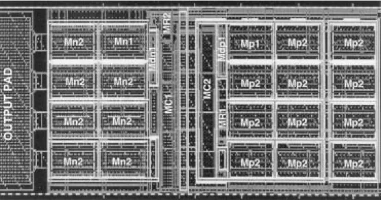 Fig. 3. The layout example of the 2-mA output buffer in the 0.35- m CMOS process with the dynamic gate floating design.