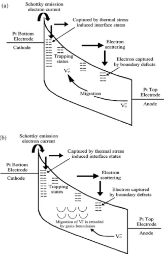 Fig. 7. Schematic diagram for the conduction mechanism of (a) undoped BSTM films and (b) Al-doped BSTM films.