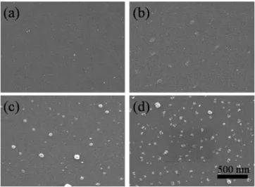 Figure 2. SEM images of (a) the as-deposited, (b) the 400  C-annealed, (c) the 500  C-annealed, and (d) the 600  C-annealed Ru/RuNx bilayers deposited on the mesoporous silica film.