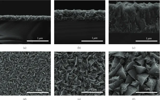 Figure 1: SEM view of cross-section for the ZnO films with different deposited thicknesses: (a) 154 nm, S1, (b) 385 nm, S2, and (c) 1089 nm, S3