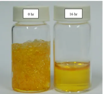 Fig. 1. The pictures of the PQ/PMMA polymer in the sample bottle with different ﬁrst step stirring time 16 h and 0 h.