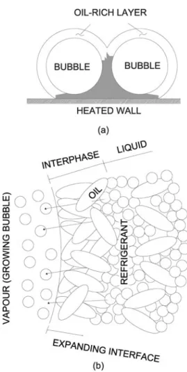 Figure 3 Schematic of the oil rich layer at the interface of bubbles expected to form under real boiling conditions, and the shaded area in (a) indicates regions with a largely hindered mass transfer