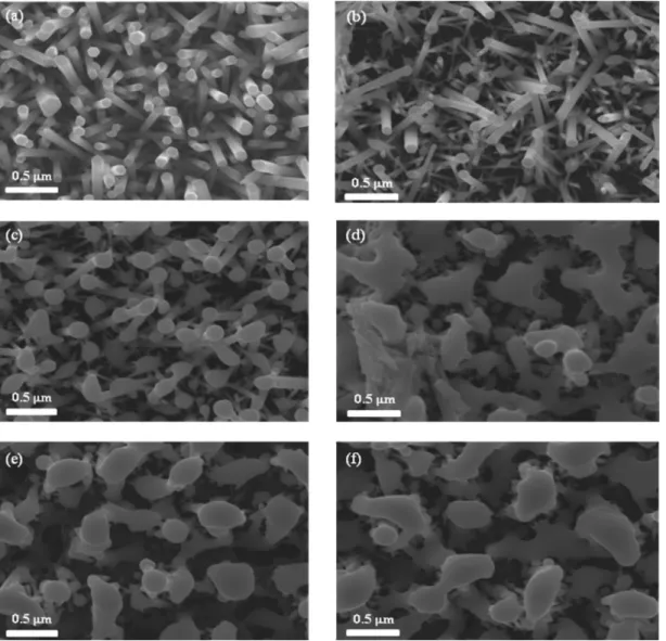 Figure 6 (a) SEM micrograph of the untreated ZnO nanorods, (b)–(f) SEM micrographs of the ZnO nanorods annealed by PLA with fluence at 10, 30, 40, 50, and 70 mJ/cm 2 , respectively.